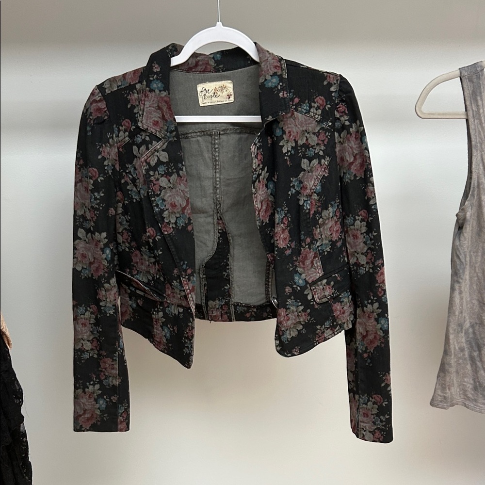 Free People Black Floral Cropped Blazer